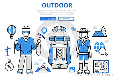 Outdoor vacation hiking concept flat line art vector icons Vector Illustration