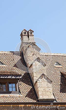 Outdoor View of Colorful Classic Castle chimneys and Windows. Editorial Stock Photo