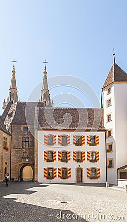 Outdoor View of Colorful Classic Castle Exteriors Walls and Windows. Editorial Stock Photo