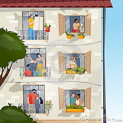 Outdoor view on home facade windows vector image Vector Illustration