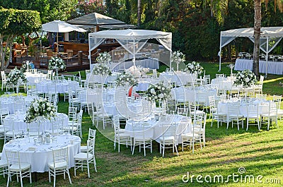 Outdoor wedding reception. Wedding decorations Stock Photo