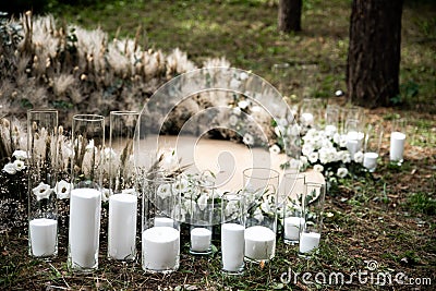Outdoor wedding in rustic style,pine forest around Stock Photo