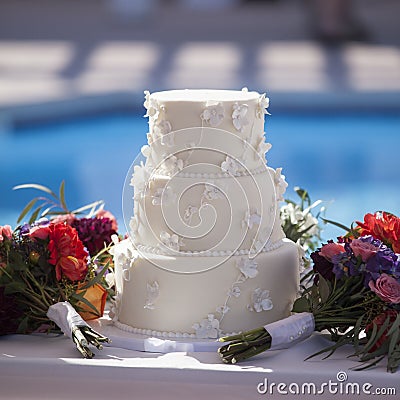 Outdoor white wedding cake Stock Photo