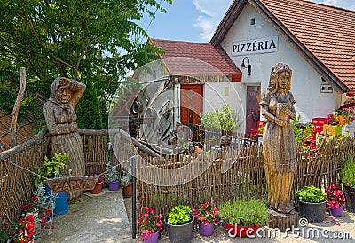 Outdoor wooden decor in Tihany, Hungary Editorial Stock Photo