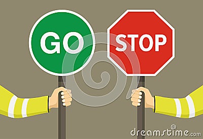 Outdoor worker holding stop and go sign. Hand hold traffic or road sign. Close-up view. Vector Illustration