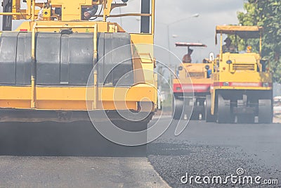 Outdoor working : Road roller working on the new road construction site Stock Photo