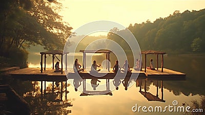 Outdoor yoga classes. Practicing yoga by the lake Cartoon Illustration