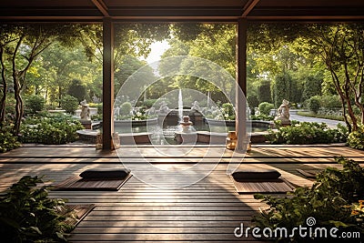 outdoor yoga studio with a peaceful water feature Stock Photo