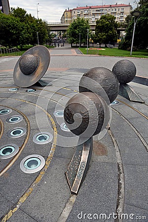 Outdoors exposition of planets sculptures. Editorial Stock Photo