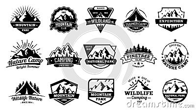 Outdoors nature badges. Adventure emblem, vintage wilderness label and outdooring camping badge vector illustration set Vector Illustration