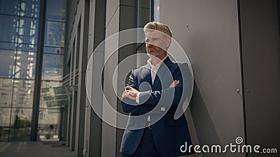 Outdoors portrait pensive thoughtful Caucasian senior man mature business manager middle-aged employer old businessman Stock Photo