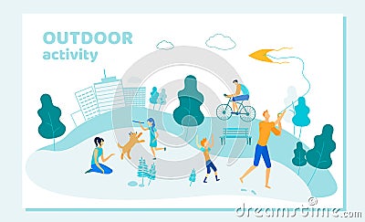 Men, Women and Little Kids Spending Time Open Air. Vector Illustration