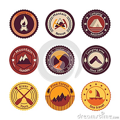 Outdoors tourism camping flat badges Vector Illustration