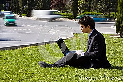 Outdoors working businessman Stock Photo