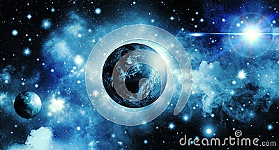 Outer space, astronomy, galaxy, bright star, blue, clouds, space, many stars, planets, rays, glitter, nebula, dark Stock Photo