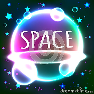 Outer space beaming vector background with neon light and stars. Abstract futuristic universe over the dark. Universe, cosmos. Vector Illustration