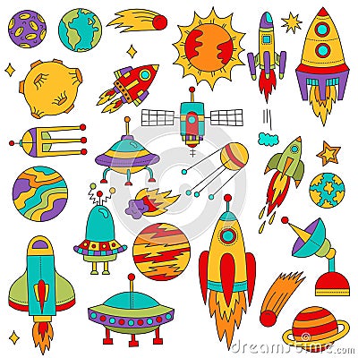 Outer space doodles colorful cute collection Vector Illustration