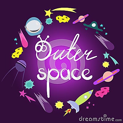 Outer space lettering. Round frame composition of space objects. Cute space cartoon doodle objects, symbols and items Vector Illustration