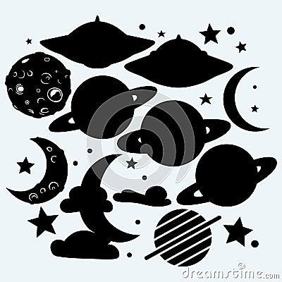 Outer space: the moon with craters, the star, the planet Saturn and UFOs Vector Illustration