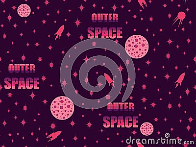 Outer space seamless pattern with spaceships, asteroids and stars in the retro style Vector Illustration