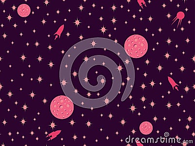 Outer space seamless pattern with spaceships, asteroids and stars in the retro style Vector Illustration