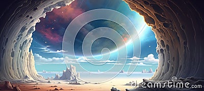 outer space alien planet landscape with giant exoplanet moon and stars - generative AI Stock Photo