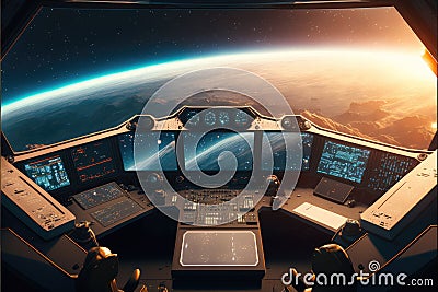 Outer view of spaceship window with control system room. Stock Photo