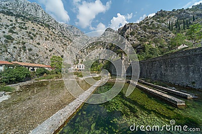 Outer walls of Kotor fort looking towards mountains,Kotor,Montenegro Stock Photo
