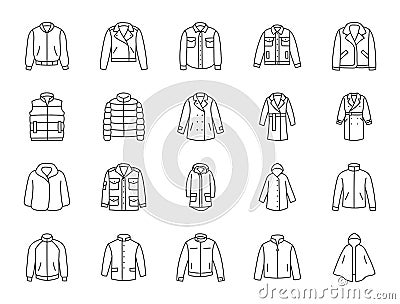Outerwear clothes doodle illustration including icons - waterproof raincoat, windbreaker, peacoat, parka, wind cheater Vector Illustration