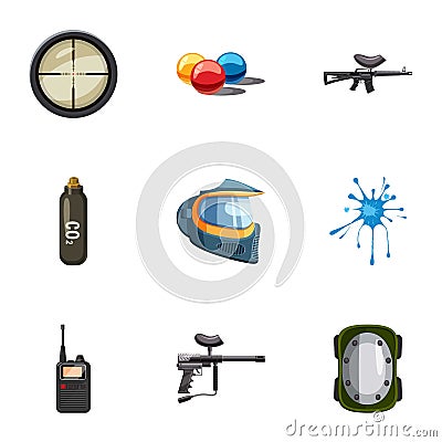 Outfit paintball icons set, cartoon style Vector Illustration