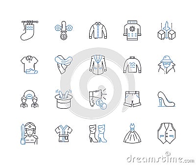 Outfit production facility line icons collection. Assembly, Apparel, Manufacturing, Design, Garment, Sewing, Production Vector Illustration