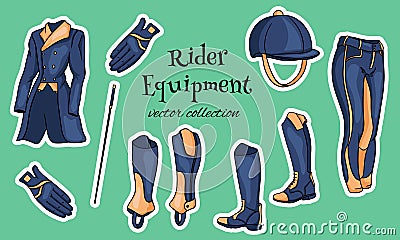 Outfit rider a set of clothes for a jockey boots pedjak pants whip helmet in cartoon style Vector Illustration