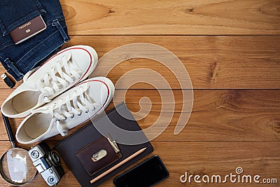 Outfit of traveler, student, teenager, young woman or guy. Stock Photo