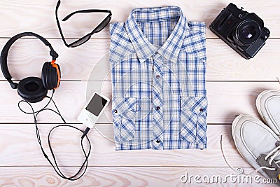 Outfit of traveler, student, young guy. Stock Photo