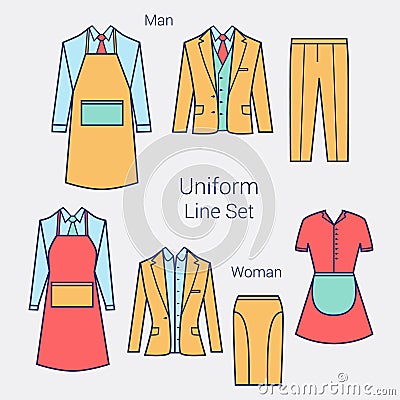 The Outfits for the Professional Business Women and Men. Formal wear for women and men. Uniform: apron, jacket, pants Vector Illustration