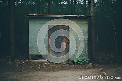 an outhouse in the woods with graffiti on it Stock Photo