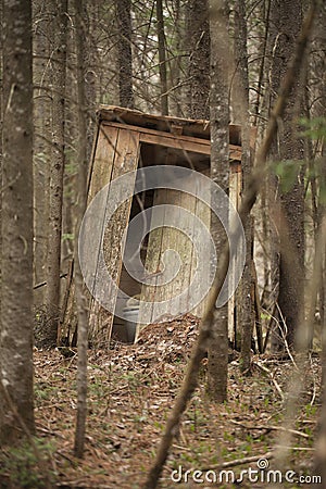 Outhouse in the woods Stock Photo