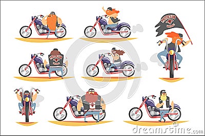 Outlaw Biker Club Members On Heavy Choppers With Leather Vests And Long Beards Set Of Cartoon Characters Vector Illustration