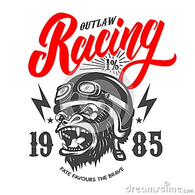 Outlaw Racing. Emblem template with cartoon racer gorilla. Design element for logo, label, sign, emblem, poster. Vector Illustration