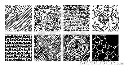 Outline abstract shapes, lines, dots and squiggly patterns. Doodle handwriting hatching elements flat vector illustration set. Vector Illustration