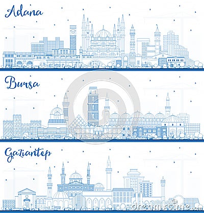 Outline Adana, Bursa and Gaziantep Turkey City Skylines with Blue Buildings Stock Photo