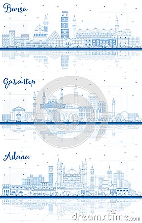 Outline Adana, Bursa and Gaziantep Turkey City Skylines with Blue Buildings and Reflections Stock Photo