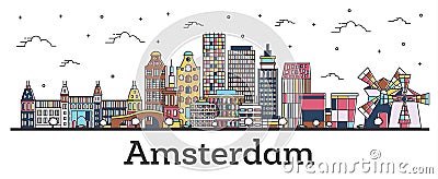 Outline Amsterdam Netherlands City Skyline with Color Buildings Isolated on White Stock Photo