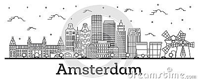 Outline Amsterdam Netherlands City Skyline with Historic Buildings Isolated on White Stock Photo