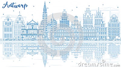 Outline Antwerp Skyline with Blue Buildings and Reflections. Stock Photo