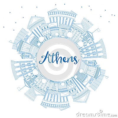 Outline Athens Greece City Skyline with Blue Buildings and Copy Space Stock Photo