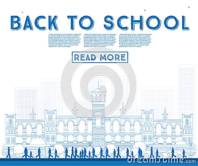 Outline Back to School. Banner with School Bus, Building and Stu Stock Photo