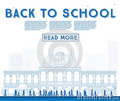 Outline Back to School. Banner with School Bus, Building and Stu Stock Photo