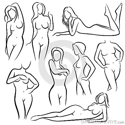 Outline beautiful woman vector silhouettes. Line female body beauty symbols Vector Illustration