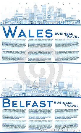 Outline Belfast Northern Ireland and Wales City Skyline set with Blue Buildings and Copy Space Stock Photo